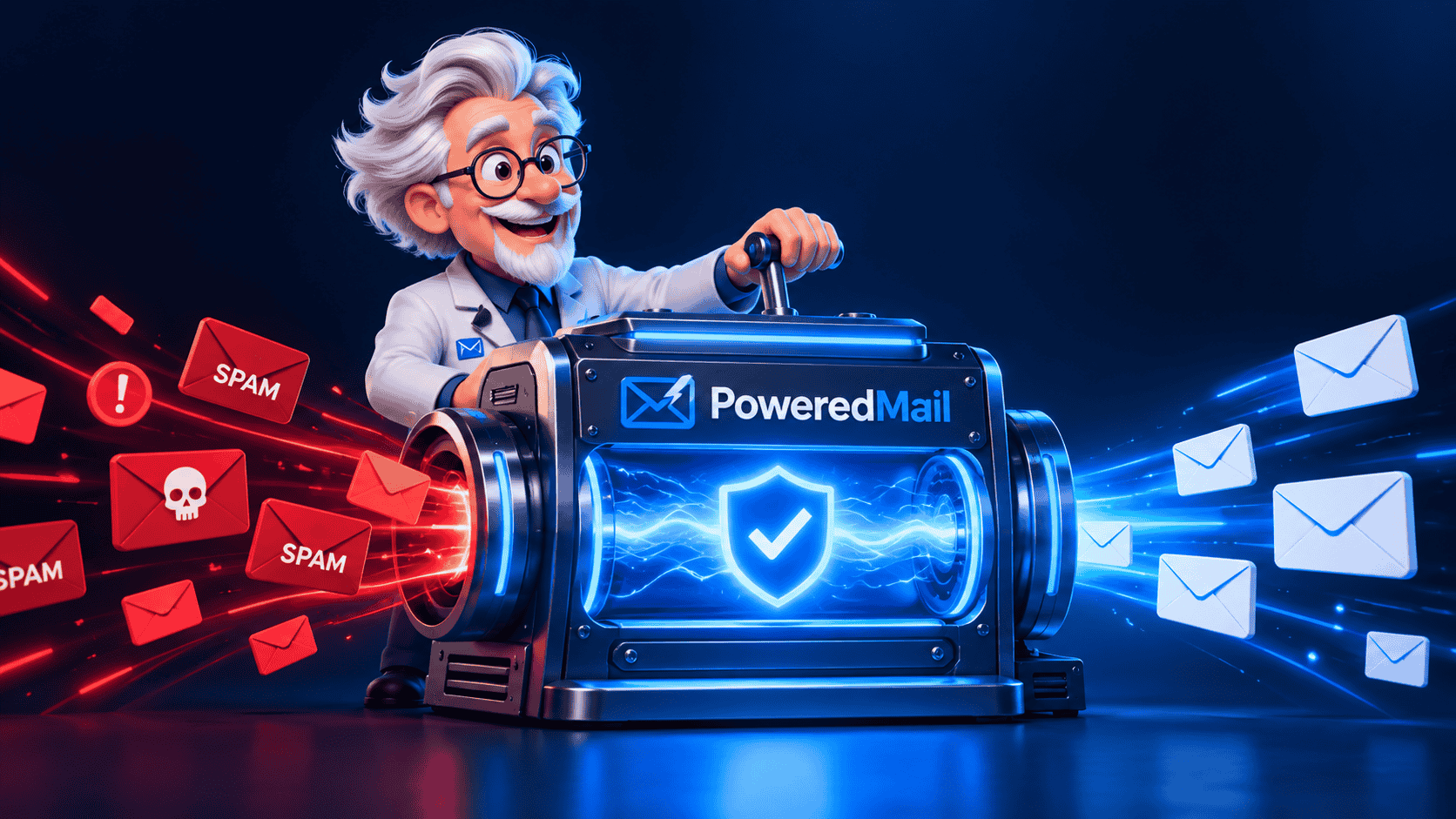 Professor Powered filtering spam through the PoweredMail filtering machine