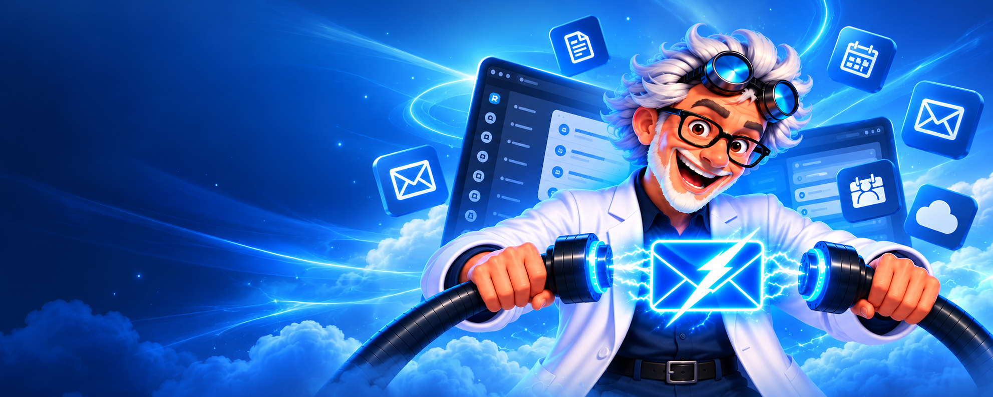 Professor Powered holding cables around a glowing mail icon