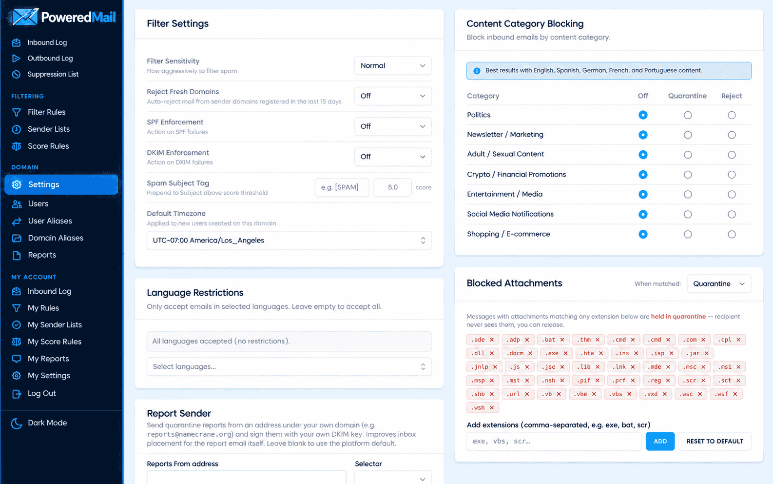 PoweredMail per-domain filtering settings