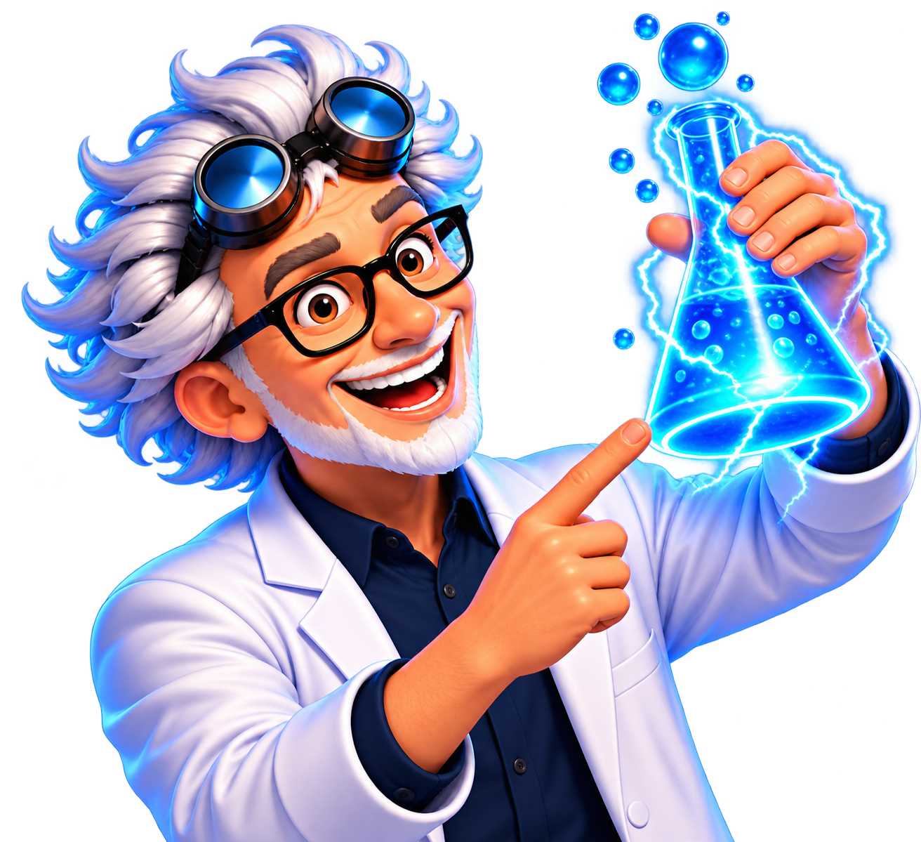 Professor Powered holding an electrified beaker
