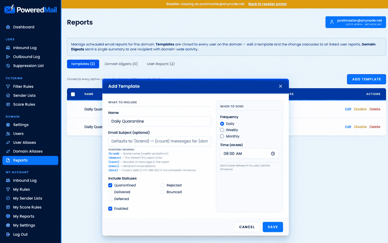 PoweredMail quarantine report interface