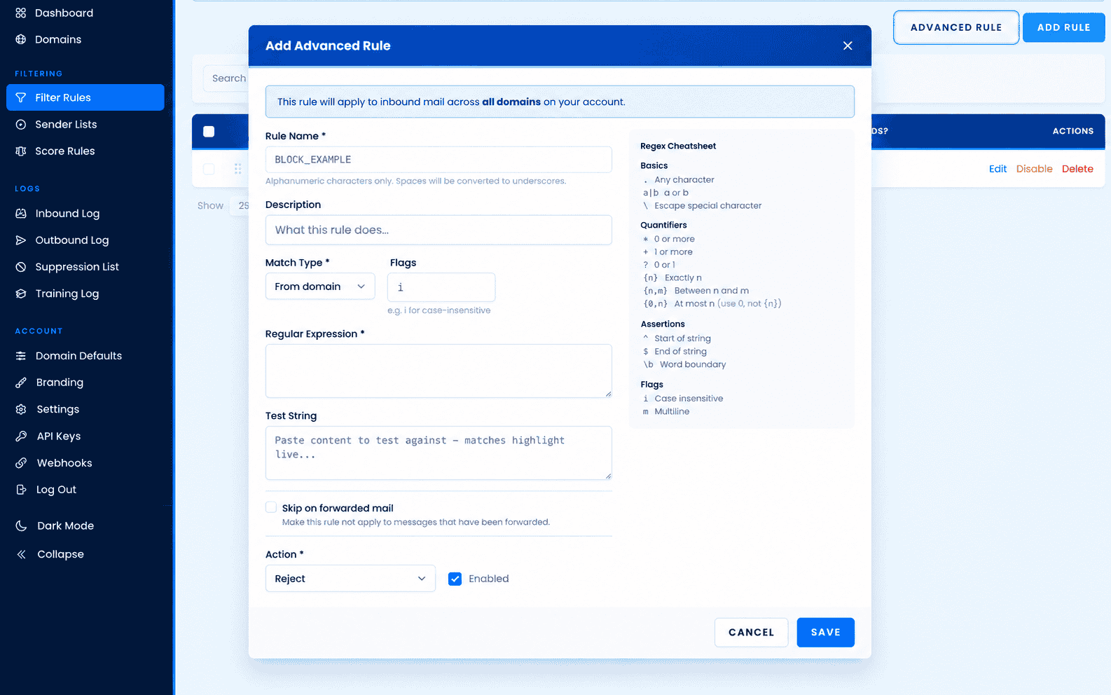 PoweredMail filtering rule interface