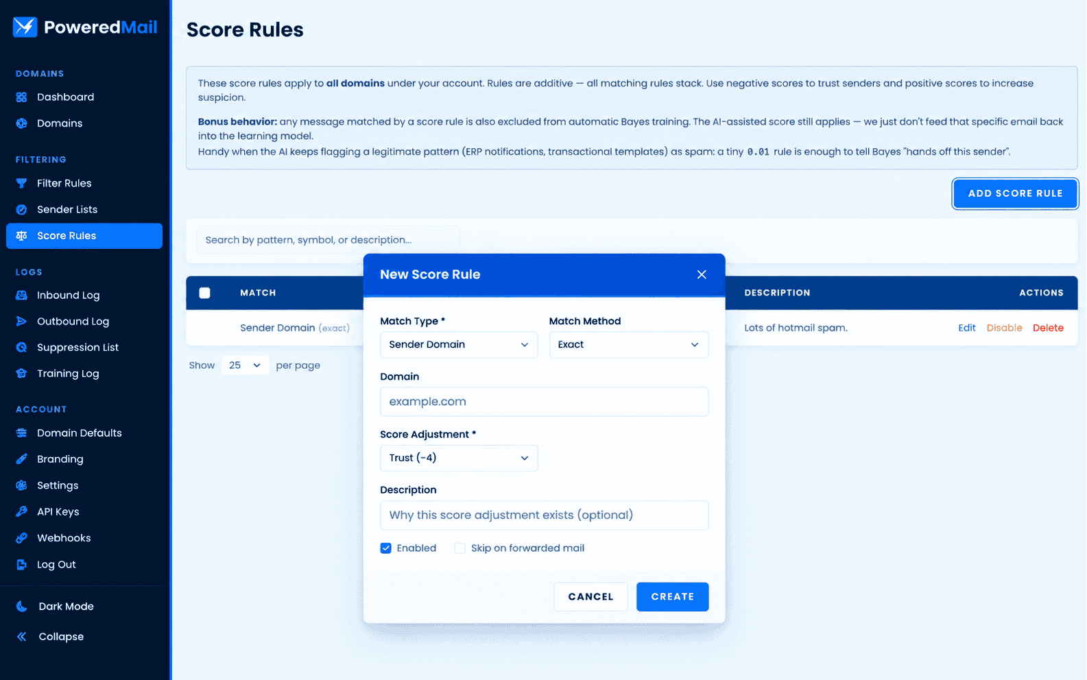 PoweredMail spam score tuning interface
